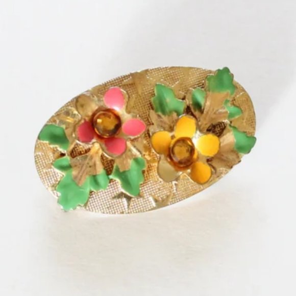 Vintage 50s Floral Brooch - Enamel Flower Gold Toned Brooch - Picture 2 of 4